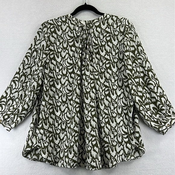 Jach’s Girlfriend Blouse Sz M Olive & Cream Polyester Button Front 3/4 Like New - Picture 6 of 12